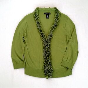 Apostrophe Dainty Ruffle Trim Lime Green Cardigan Nylon Long Sleeve Sweater L